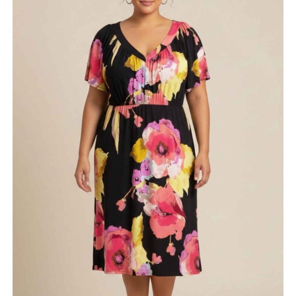 LANE BRYANT Black/Pink/Floral SLINKY KNIT DRESS Shift Cold Shoulder Mumu 26/28W